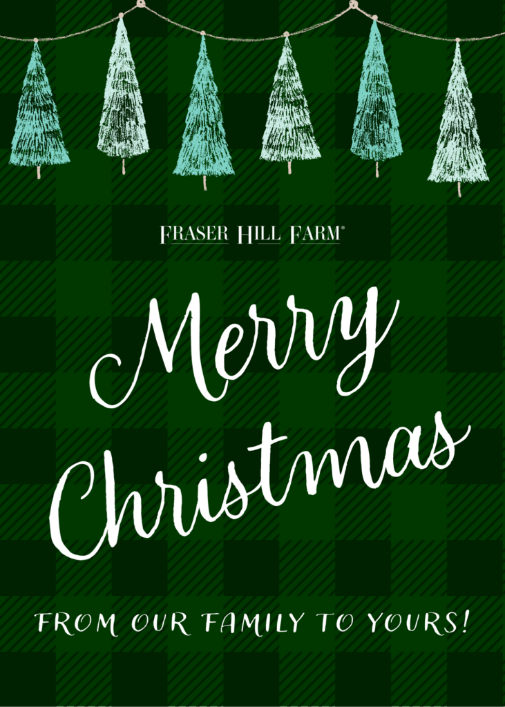 A Christmas card template with Christmas trees strung from the top and a patterned background.