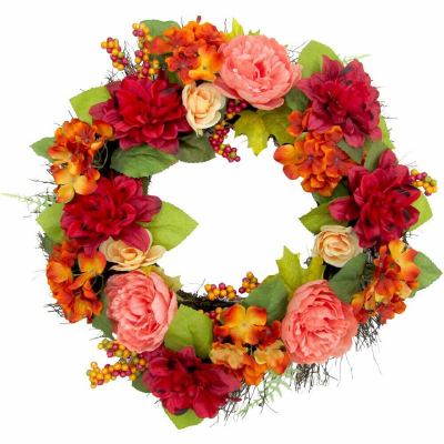 24-In. Artificial Dahlia and Peony Wreath on Spiral Vine