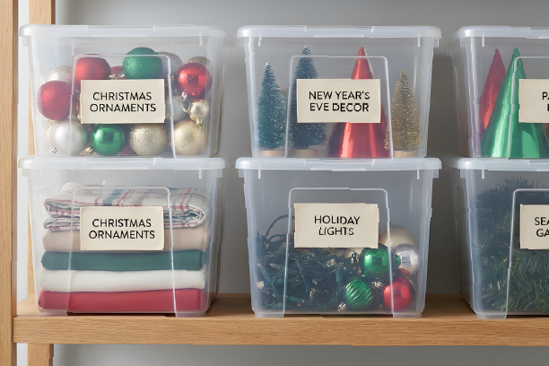 Various types of Christmas ornaments and decorations neatly packed in clear, labeled storage units.